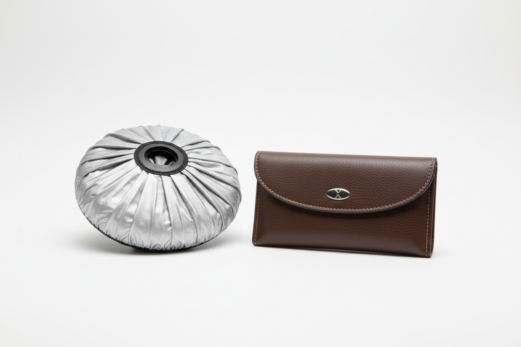 DriveShade folded with premium leather carrying case