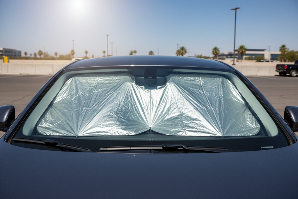 DriveShade sunshade placed behind car windshield on a sunny day